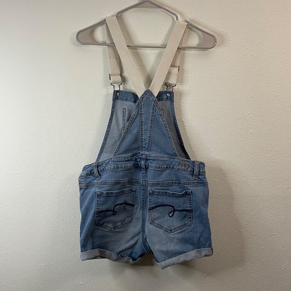 Distressed blue denim short jumpsuit with adjustable white straps, Size 16 - Picture 3 of 12